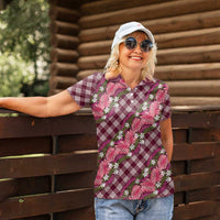 Polynesian Monstera Tiare Floral Women Polo Shirt Fuchsia Tropical Plaid - Polynesian Pride