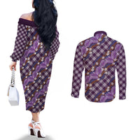 Polynesian Monstera Tiare Floral Couples Matching Off The Shoulder Long Sleeve Dress and Long Sleeve Button Shirt Lavender Tropical Plaid - Polynesian Pride