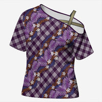 Polynesian Monstera Tiare Floral Cross Shoulder Shirt Lavender Tropical Plaid - Polynesian Pride