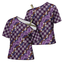 Polynesian Monstera Tiare Floral Cross Shoulder Shirt Lavender Tropical Plaid - Polynesian Pride