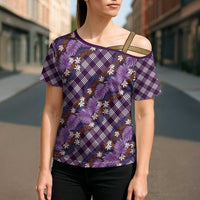 Polynesian Monstera Tiare Floral Cross Shoulder Shirt Lavender Tropical Plaid - Polynesian Pride