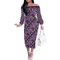 Polynesian Monstera Tiare Floral Family Matching Off The Shoulder Long Sleeve Dress and Hawaiian Shirt Lavender Tropical Plaid - Polynesian Pride