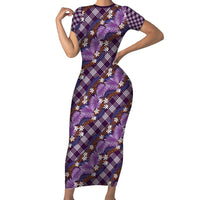 Polynesian Monstera Tiare Floral Family Matching Short Sleeve Bodycon Dress and Hawaiian Shirt Lavender Tropical Plaid - Polynesian Pride