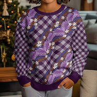 Polynesian Monstera Tiare Floral Kid Ugly Christmas Sweater Lavender Tropical Plaid - Polynesian Pride