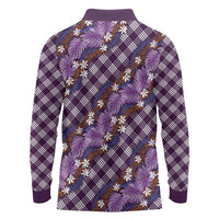 Polynesian Monstera Tiare Floral Long Sleeve Polo Shirt Lavender Tropical Plaid - Polynesian Pride