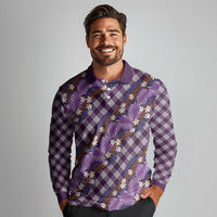Polynesian Monstera Tiare Floral Long Sleeve Polo Shirt Lavender Tropical Plaid - Polynesian Pride
