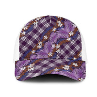 Polynesian Monstera Tiare Floral Mesh Trucker Cap Lavender Tropical Plaid - Polynesian Pride