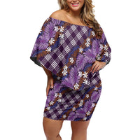 Polynesian Monstera Tiare Floral Off Shoulder Short Dress Lavender Tropical Plaid - Polynesian Pride