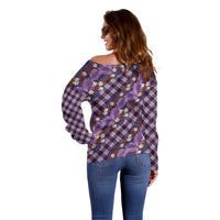 Polynesian Monstera Tiare Floral Off Shoulder Sweater Lavender Tropical Plaid - Polynesian Pride