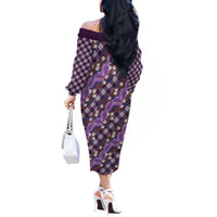 Polynesian Monstera Tiare Floral Off The Shoulder Long Sleeve Dress Lavender Tropical Plaid - Polynesian Pride