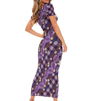 Polynesian Monstera Tiare Floral Short Sleeve Bodycon Dress Lavender Tropical Plaid - Polynesian Pride