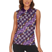 Polynesian Monstera Tiare Floral Women Sleeveless Polo Shirt Lavender Tropical Plaid - Polynesian Pride