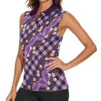 Polynesian Monstera Tiare Floral Women Sleeveless Polo Shirt Lavender Tropical Plaid - Polynesian Pride
