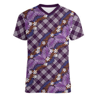 Polynesian Monstera Tiare Floral Women V-Neck T-Shirt Lavender Tropical Plaid - Polynesian Pride