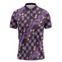 Polynesian Monstera Tiare Floral Zipper Polo Shirt Lavender Tropical Plaid - Polynesian Pride