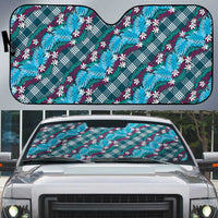 Polynesian Monstera Tiare Floral Auto Sun Shade Dark Teal Tropical Plaid - Polynesian Pride