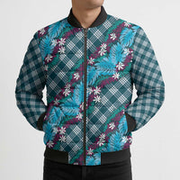 Polynesian Monstera Tiare Floral Bomber Puffer Jacket Dark Teal Tropical Plaid - Polynesian Pride