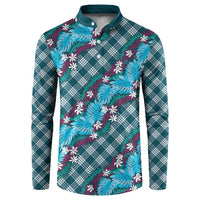 Polynesian Monstera Tiare Floral Button Sweatshirt Dark Teal Tropical Plaid - Polynesian Pride