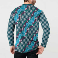 Polynesian Monstera Tiare Floral Button Sweatshirt Dark Teal Tropical Plaid - Polynesian Pride