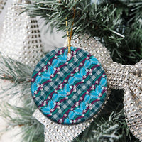 Polynesian Monstera Tiare Floral Ceramic Ornament Dark Teal Tropical Plaid - Polynesian Pride