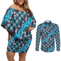 Polynesian Monstera Tiare Floral Couples Matching Off Shoulder Short Dress and Long Sleeve Button Shirt Dark Teal Tropical Plaid - Polynesian Pride
