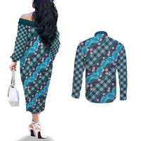 Polynesian Monstera Tiare Floral Couples Matching Off The Shoulder Long Sleeve Dress and Long Sleeve Button Shirt Dark Teal Tropical Plaid - Polynesian Pride