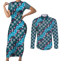 Polynesian Monstera Tiare Floral Couples Matching Short Sleeve Bodycon Dress and Long Sleeve Button Shirt Dark Teal Tropical Plaid - Polynesian Pride