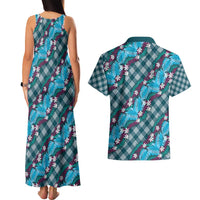 Polynesian Monstera Tiare Floral Couples Matching Tank Maxi Dress and Hawaiian Shirt Dark Teal Tropical Plaid - Polynesian Pride