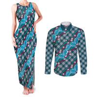 Polynesian Monstera Tiare Floral Couples Matching Tank Maxi Dress and Long Sleeve Button Shirt Dark Teal Tropical Plaid - Polynesian Pride