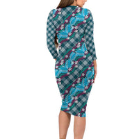 Polynesian Monstera Tiare Floral Family Matching Long Sleeve Bodycon Dress and Hawaiian Shirt Dark Teal Tropical Plaid - Polynesian Pride