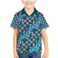 Polynesian Monstera Tiare Floral Family Matching Mermaid Dress and Hawaiian Shirt Dark Teal Tropical Plaid - Polynesian Pride