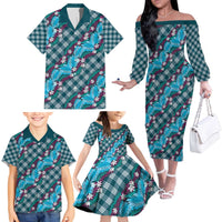 Polynesian Monstera Tiare Floral Family Matching Off The Shoulder Long Sleeve Dress and Hawaiian Shirt Dark Teal Tropical Plaid - Polynesian Pride
