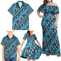 Polynesian Monstera Tiare Floral Family Matching Off Shoulder Maxi Dress and Hawaiian Shirt Dark Teal Tropical Plaid - Polynesian Pride