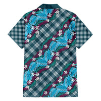 Polynesian Monstera Tiare Floral Family Matching Off Shoulder Short Dress and Hawaiian Shirt Dark Teal Tropical Plaid - Polynesian Pride