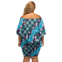 Polynesian Monstera Tiare Floral Family Matching Off Shoulder Short Dress and Hawaiian Shirt Dark Teal Tropical Plaid - Polynesian Pride