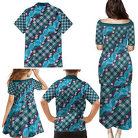 Polynesian Monstera Tiare Floral Family Matching Puletasi and Hawaiian Shirt Dark Teal Tropical Plaid - Polynesian Pride