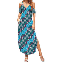 Polynesian Monstera Tiare Floral Family Matching Summer Maxi Dress and Hawaiian Shirt Dark Teal Tropical Plaid - Polynesian Pride