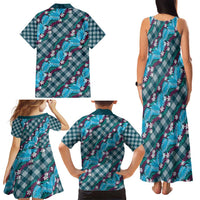 Polynesian Monstera Tiare Floral Family Matching Tank Maxi Dress and Hawaiian Shirt Dark Teal Tropical Plaid - Polynesian Pride