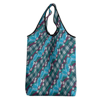 Polynesian Monstera Tiare Floral Grocery Bag Dark Teal Tropical Plaid - Polynesian Pride