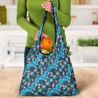 Polynesian Monstera Tiare Floral Grocery Bag Dark Teal Tropical Plaid - Polynesian Pride