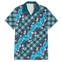 Polynesian Monstera Tiare Floral Hawaiian Shirt Dark Teal Tropical Plaid - Polynesian Pride