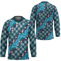 Polynesian Monstera Tiare Floral Hockey Jersey Dark Teal Tropical Plaid - Polynesian Pride