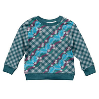 Polynesian Monstera Tiare Floral Kid Ugly Christmas Sweater Dark Teal Tropical Plaid - Polynesian Pride