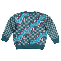 Polynesian Monstera Tiare Floral Kid Ugly Christmas Sweater Dark Teal Tropical Plaid - Polynesian Pride
