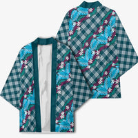 Polynesian Monstera Tiare Floral Kimono Dark Teal Tropical Plaid - Polynesian Pride