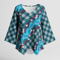 Polynesian Monstera Tiare Floral Kimono Sleeve Blouse Dark Teal Tropical Plaid - Polynesian Pride