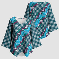 Polynesian Monstera Tiare Floral Kimono Sleeve Blouse Dark Teal Tropical Plaid - Polynesian Pride