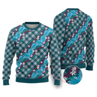 Polynesian Monstera Tiare Floral Ugly Christmas Sweater Dark Teal Tropical Plaid - Polynesian Pride