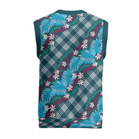 Polynesian Monstera Tiare Floral Christmas Knitted V-Neck Vest Dark Teal Tropical Plaid - Polynesian Pride