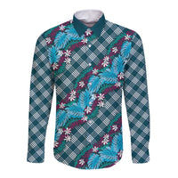 Polynesian Monstera Tiare Floral Long Sleeve Button Shirt Dark Teal Tropical Plaid - Polynesian Pride